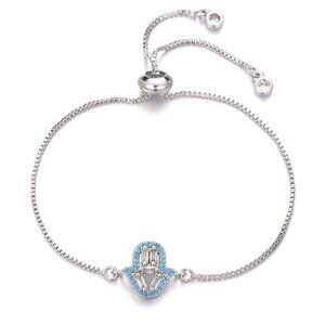 Small Blue Hamsa Hand Protection Cubic Zirconia Silver Bracelet